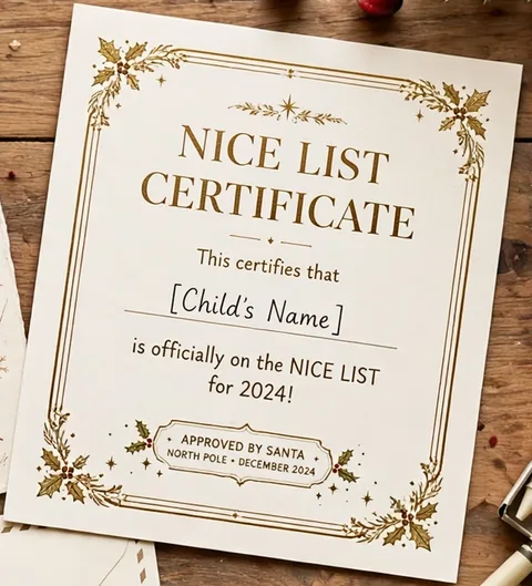 The Nice List certificate with its gold border